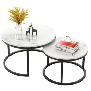 White Marble Nesting Coffee Table Set – Modern Space-Saving Accent Tables for Living Room or Office
