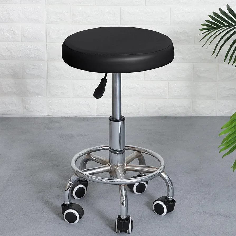 Height-adjustable black stool with chrome frame