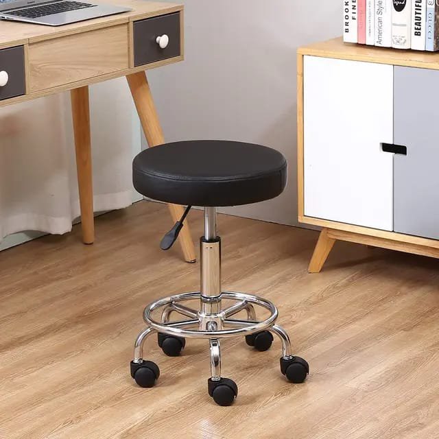 Height-adjustable black stool with chrome frame