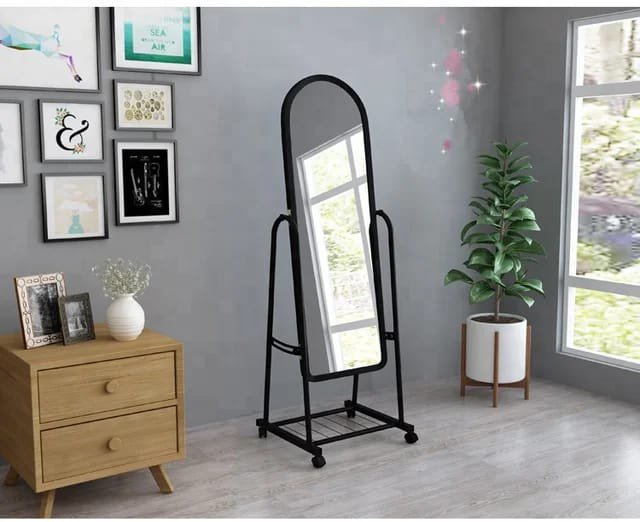 Full-Length Black Dressing Mirror with Wheels – Mobile Standing Mirror for Bedroom, Dressing Room & Retail Use