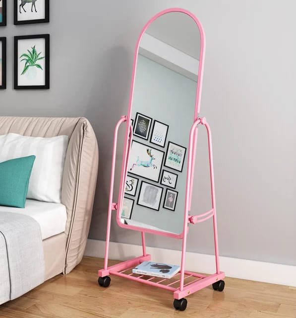 Full-Length Pink Dressing Mirror with Wheels – Mobile & Stylish for Bedroom or Salon