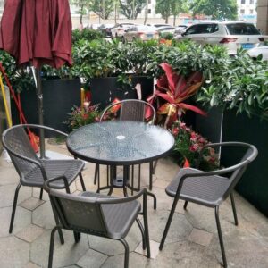 Round Glass Top Dining Table with Black Metal Base – Indoor/Outdoor Patio & Cafe Table