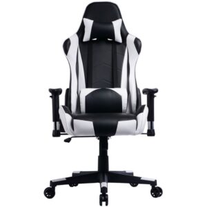 Prisp Black & White Ergonomic Gaming Chair - Reclining Racing Style, Adjustable Armrests, Lumbar & Headrest Pillows