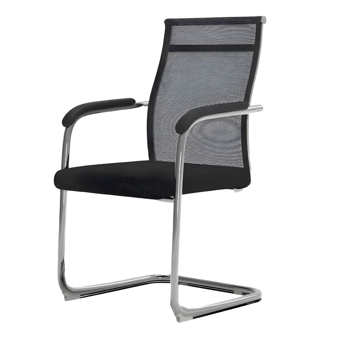 Black mesh office waiting chair with padded armrests and chrome cantilever sled base