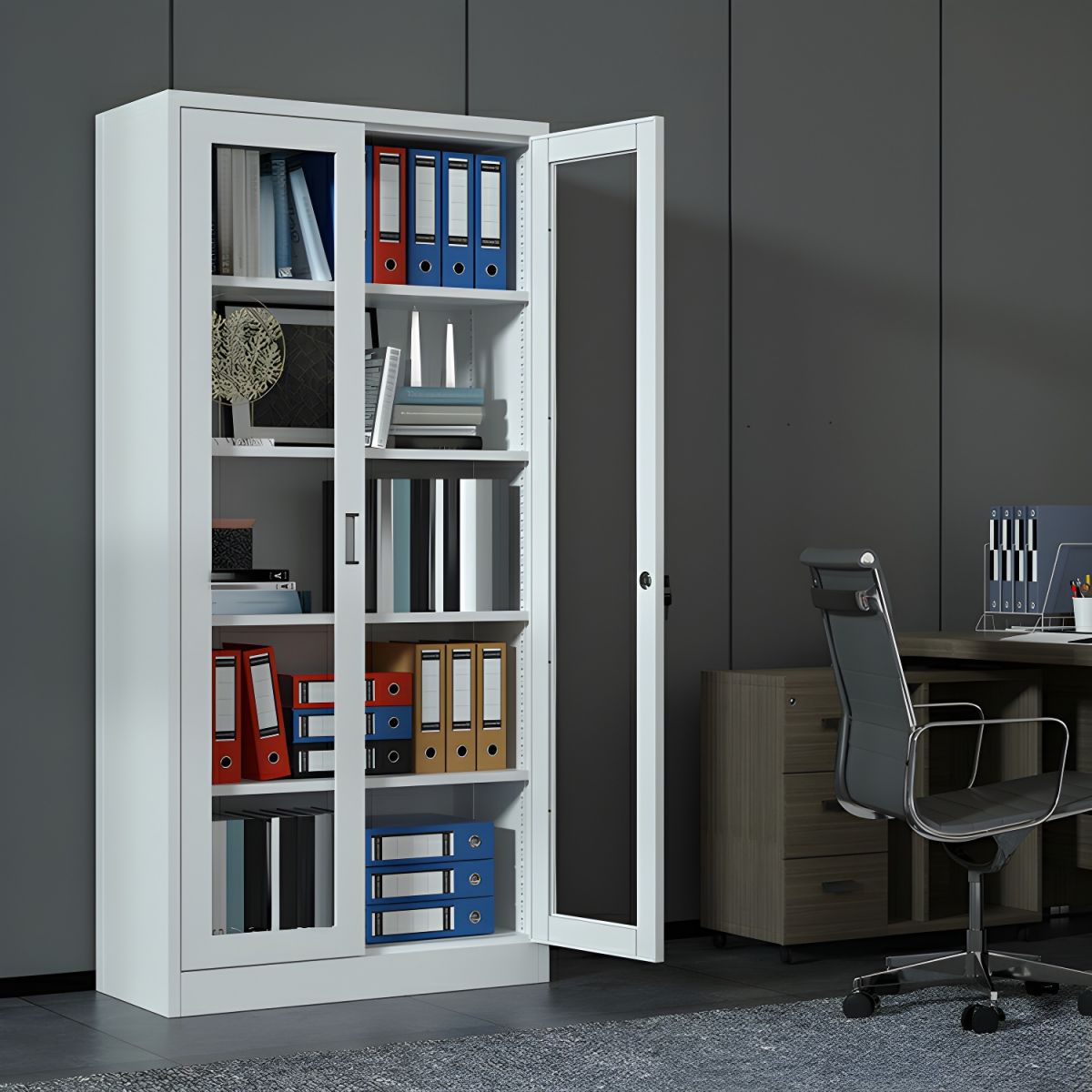 Modern White Office File Storage Cabinet with Glass Doors