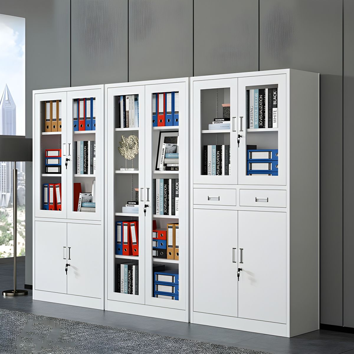 Modern White Office File Storage Cabinet with Glass Doors