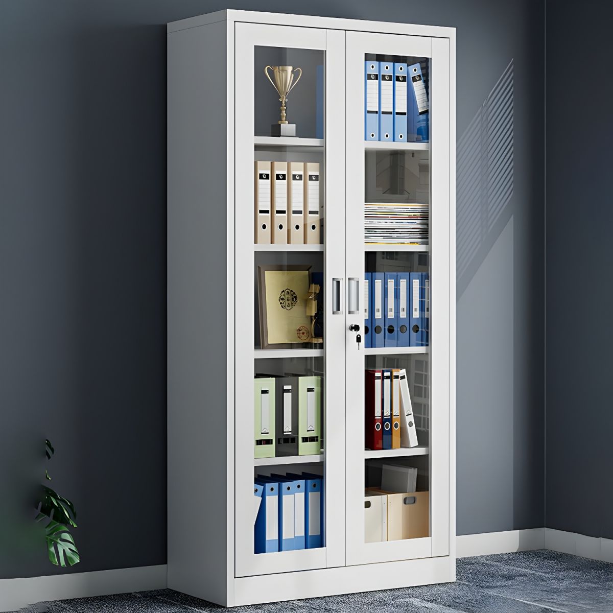 Modern White Office File Storage Cabinet with Glass Doors