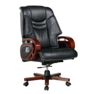 GD02 Executive Black Leather Office Chair with Wooden Accents – High-Back Ergonomic Swivel Chair