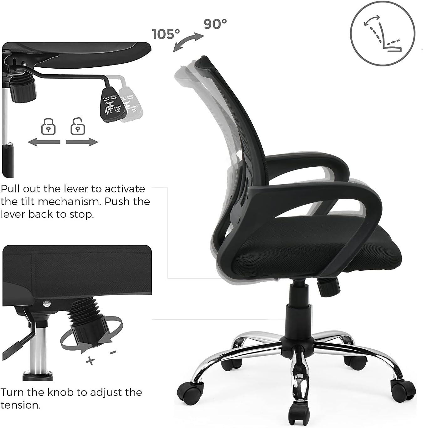 Ergonomic Clerical Mesh Office Chair – Adjustable Height, Breathable Backrest, Lumbar Support, Black