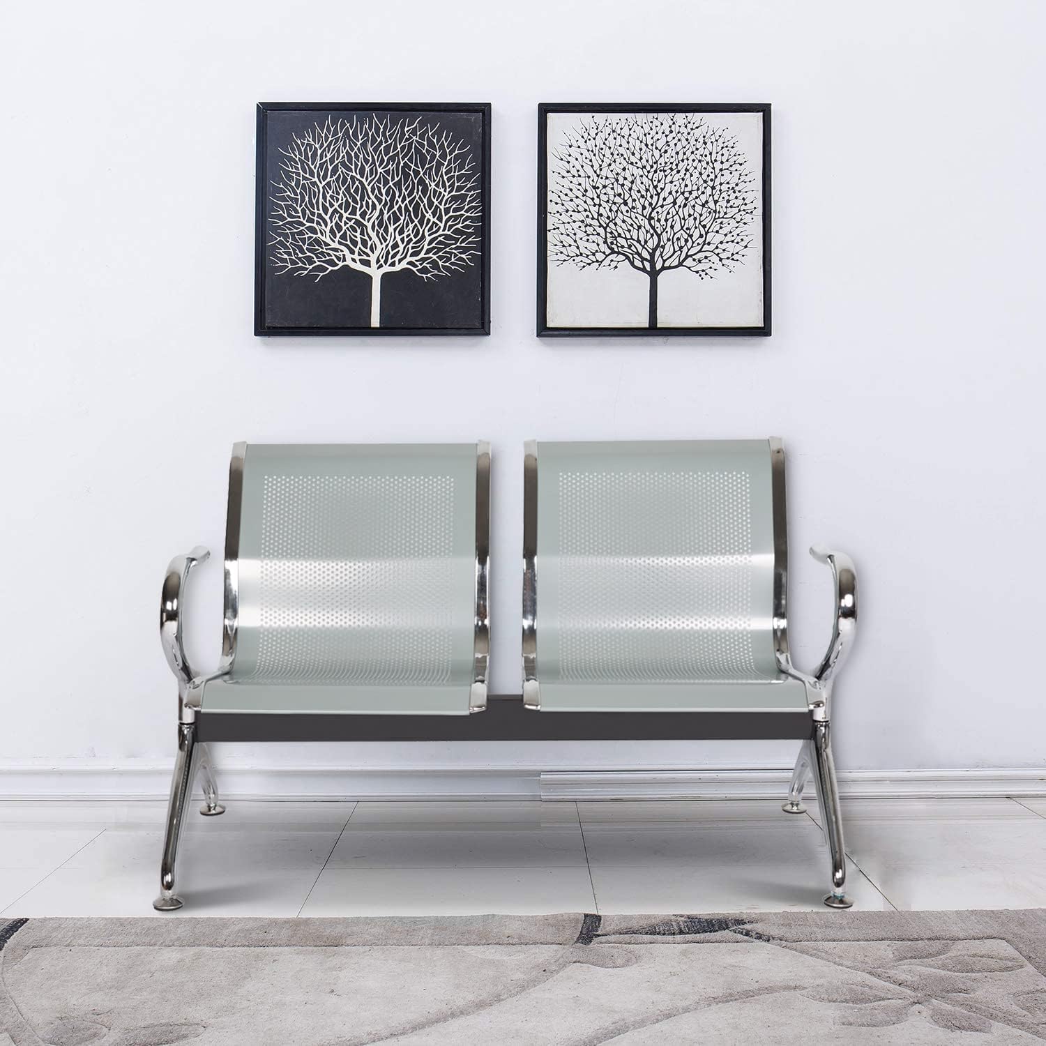 Modern 2-Seater Metal Waiting Room Bench - Perforated Steel Reception Seating