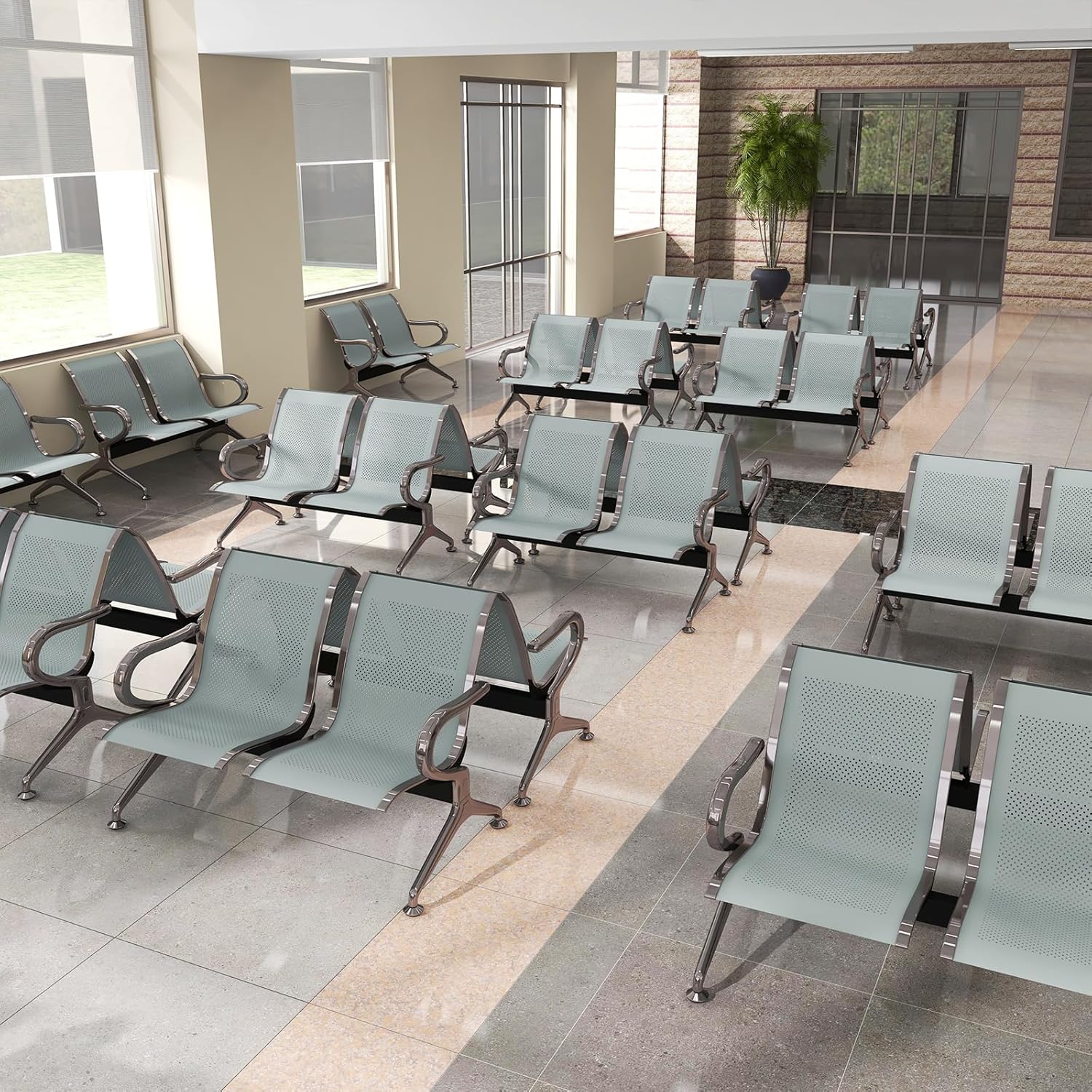 Modern 2-Seater Metal Waiting Room Bench - Perforated Steel Reception Seating