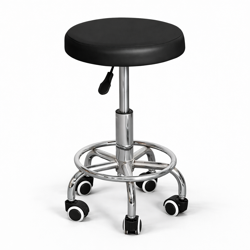 Height-adjustable black stool with chrome frame