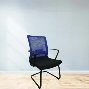 Ergonomic Mesh Visitor Office Chair with Sled Base and Armrests – Breathable Blue Back, Black Cushioned Seat