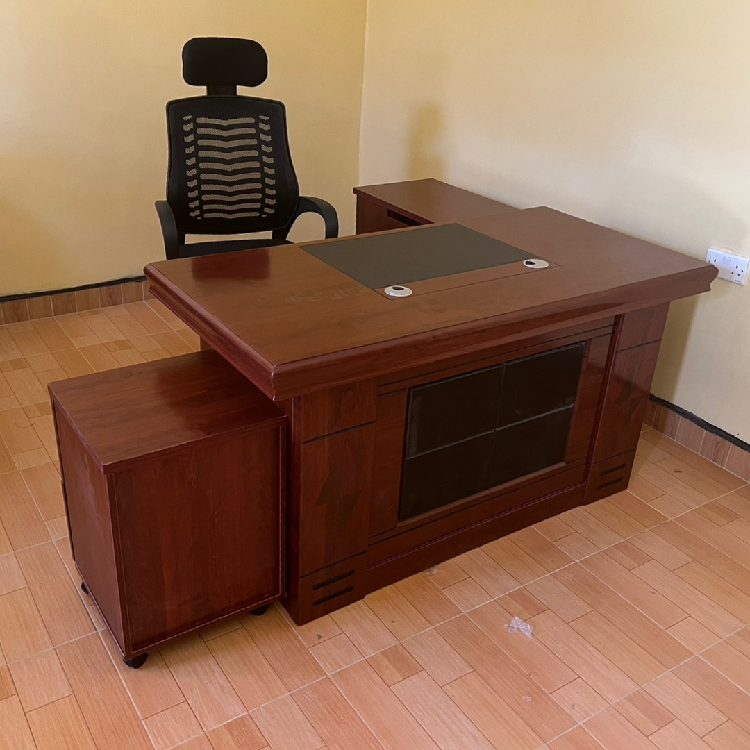 1400mm Executive Office Desk with Side Return & Mobile Pedestal – Traditional Dark Wood Tone Manager Desk