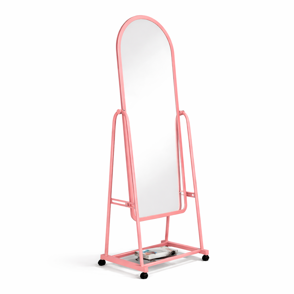 Full-Length Pink Dressing Mirror with Wheels – Mobile & Stylish for Bedroom or Salon