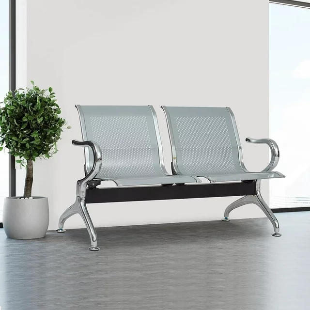 Modern 2-Seater Metal Waiting Room Bench - Perforated Steel Reception Seating