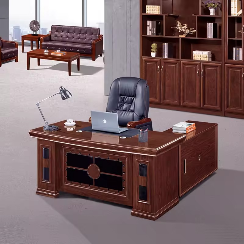 1400mm Executive Office Desk with Side Return & Mobile Pedestal – Traditional Dark Wood Tone Manager Desk