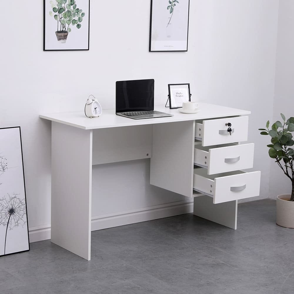 200mm White Home Office Study Desk with 3 Drawers & Locking Top Drawer – Compact Computer Writing Table