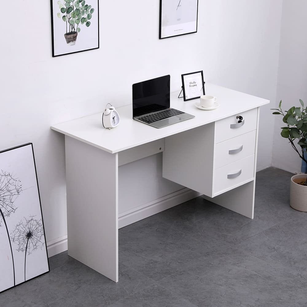 200mm White Home Office Study Desk with 3 Drawers & Locking Top Drawer – Compact Computer Writing Table