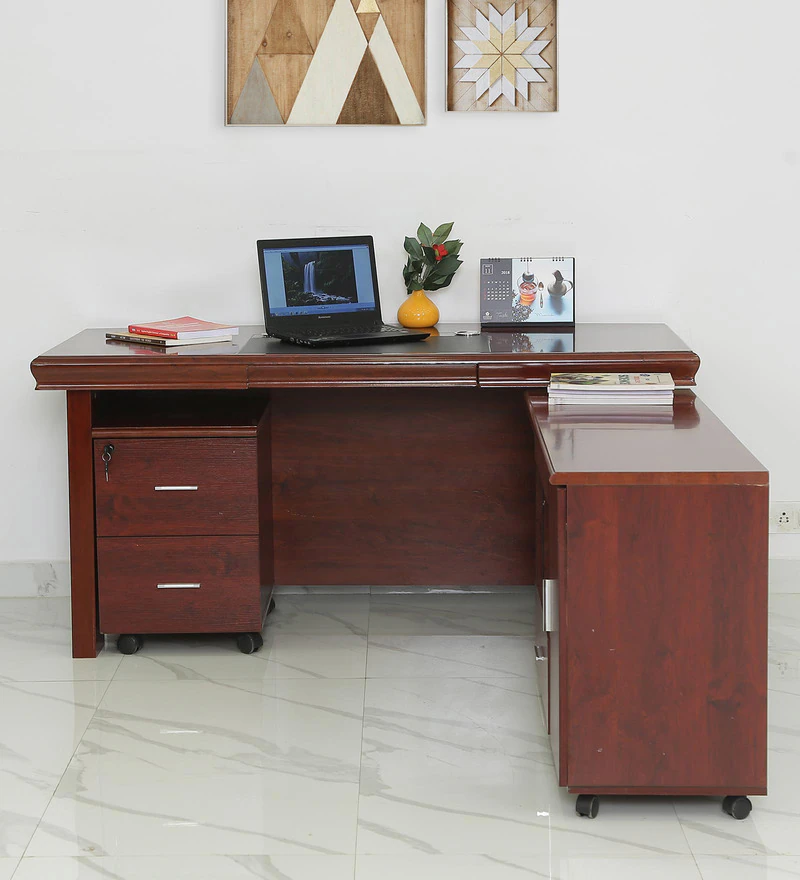 1400mm Executive Office Desk with Side Return & Mobile Pedestal – Traditional Dark Wood Tone Manager Desk