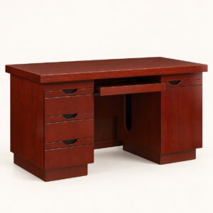 Mahogany 1.2 m executive office desk with three drawers and keyboard tray on a light background