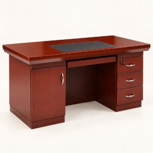 Mahogany executive desk with left cabinet, three drawers and keyboard tray on a light background