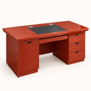 Reddish mahogany 1.4 m executive office desk with cabinet, drawers and keyboard tray on a light background