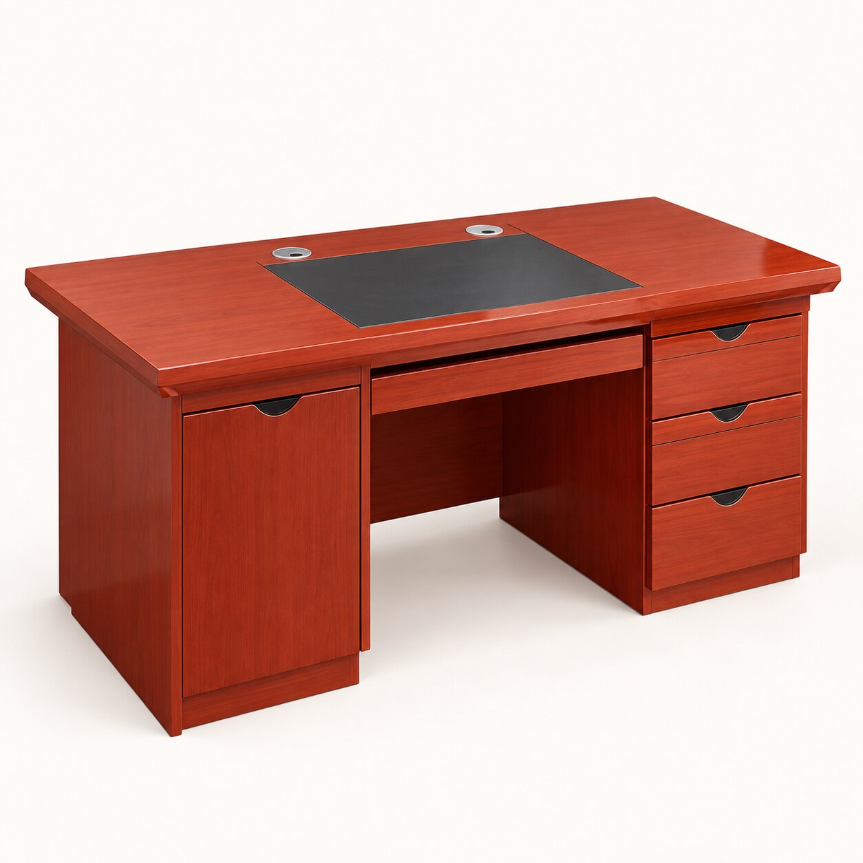 Reddish mahogany 1.4 m executive office desk with cabinet, drawers and keyboard tray on a light background