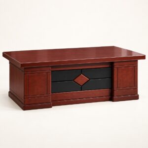 Wide mahogany executive office table with dark geometric front panel on a light background