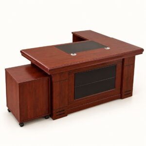 Traditional dark wood 1400 mm executive desk with black writing pad, side return and mobile pedestal on a light background