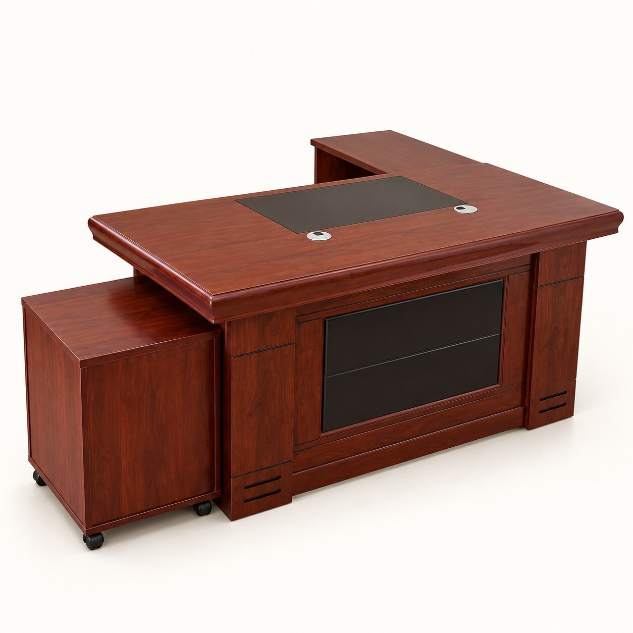 Traditional dark wood 1400 mm executive desk with black writing pad, side return and mobile pedestal on a light background