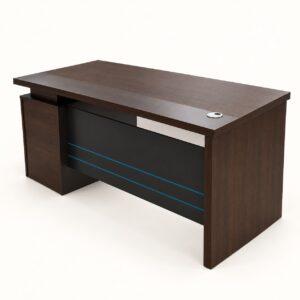 Dark walnut 1400 mm executive office desk with side return, black modesty panel, blue trim and silver cable port on a light background