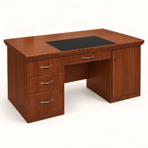 1400 mm walnut executive office desk with three left drawers, center drawer, right cabinet and black writing pad on a light background