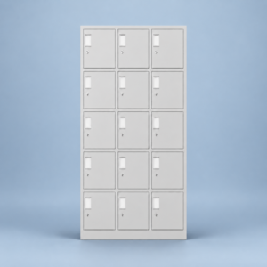 White 15-locker steel office cabinet with three columns and five rows on a blue-gray background