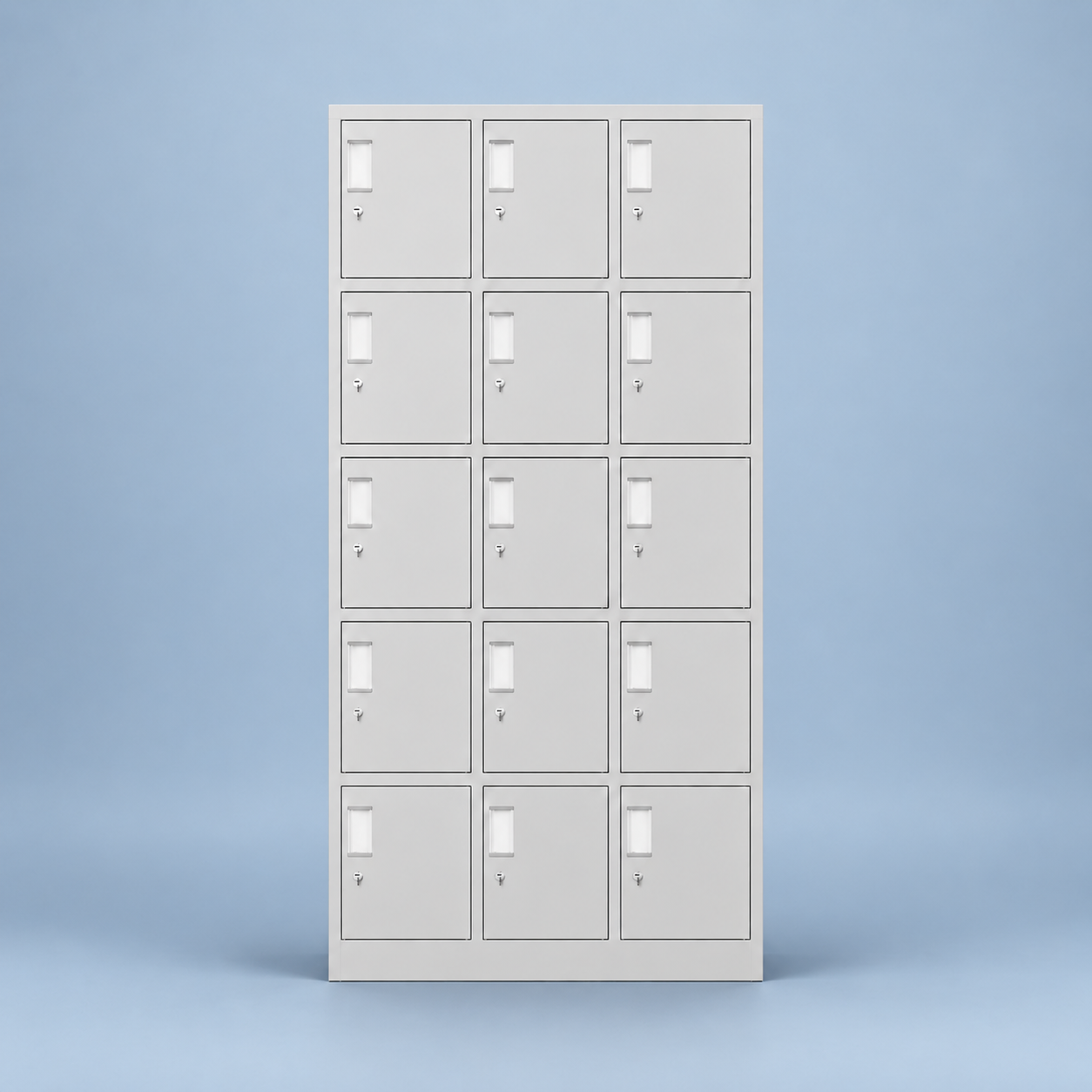 White 15-locker steel office cabinet with three columns and five rows on a blue-gray background