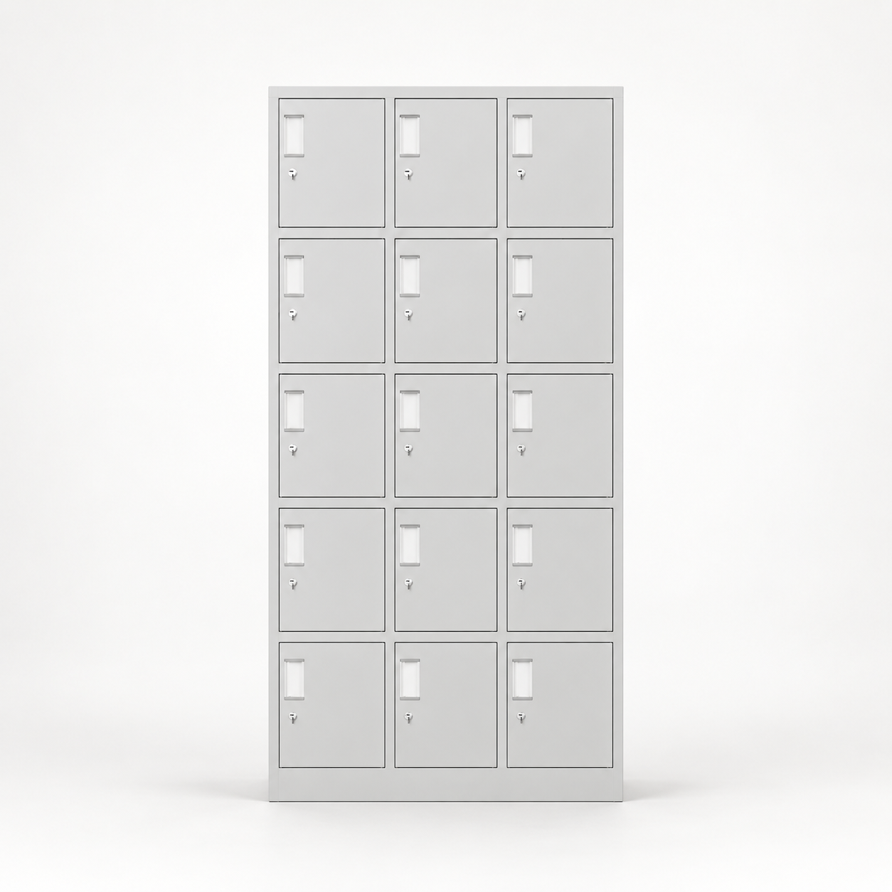 15-door white steel office locker cabinet with three columns and five rows