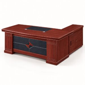 1600 mm reddish mahogany executive desk with black writing pad, diamond front panel and right side return on a light background