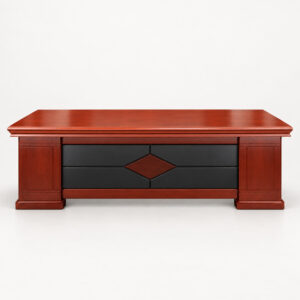 Reddish brown 1800mm executive office desk with black front panel on a light studio background