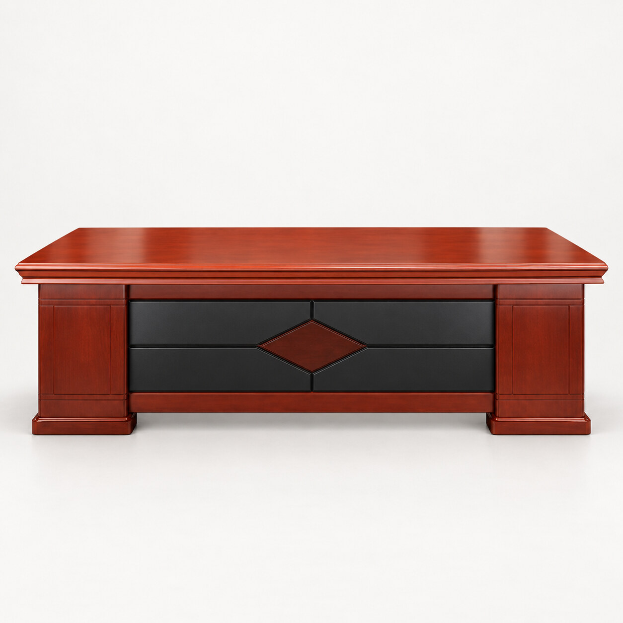 Reddish brown 1800mm executive office desk with black front panel on a light studio background