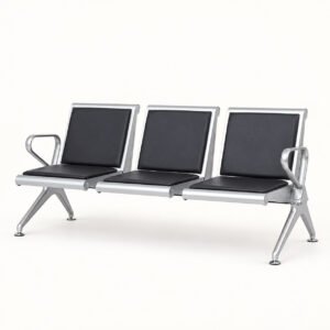Three seat black padded reception bench with silver metal frame and armrests on a light background