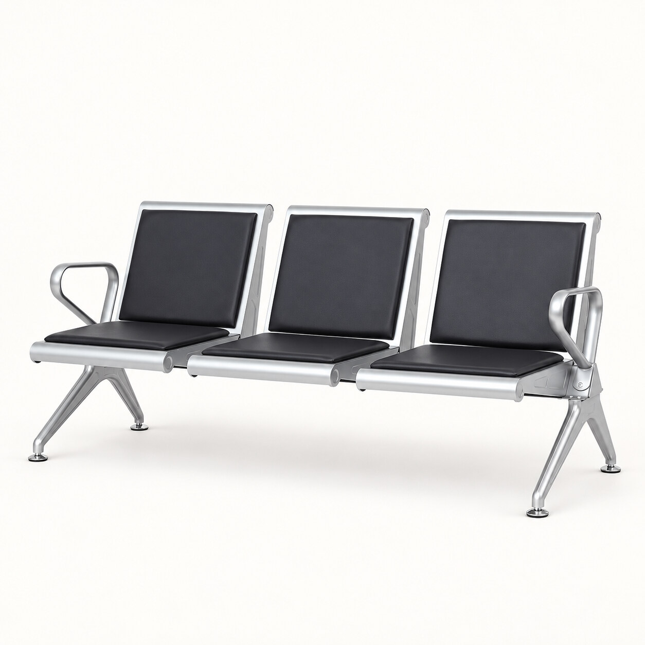 Three seat black padded reception bench with silver metal frame and armrests on a light background