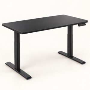 Black 120 x 60 cm electric standing desk with height controls on a light background