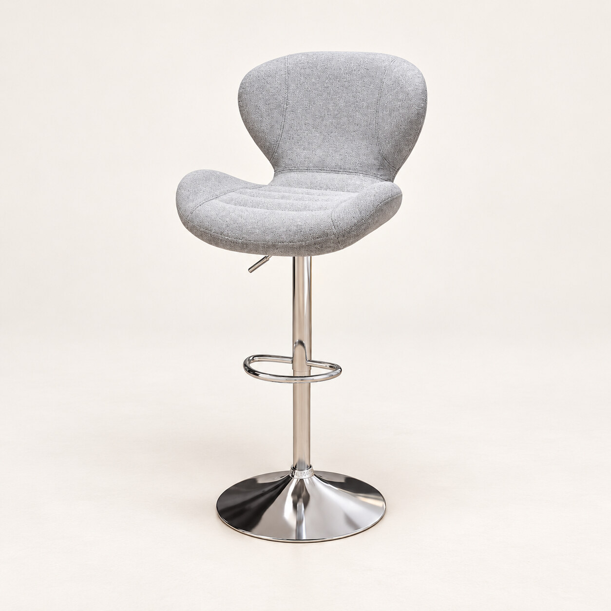 Light grey upholstered adjustable bar stool with chrome pedestal and round base on a clean studio background