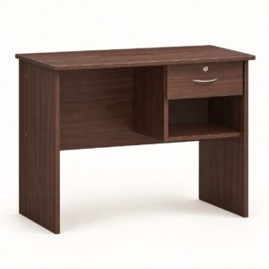 Dark walnut 1.0 m home study desk with drawer and open shelf on a light background