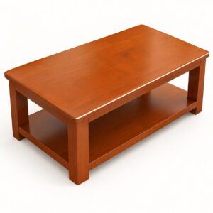 Rectangular mahogany office coffee table with lower shelf on a light background