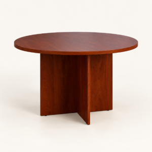 VIP round office conference table in reddish brown wood with cross panel pedestal
