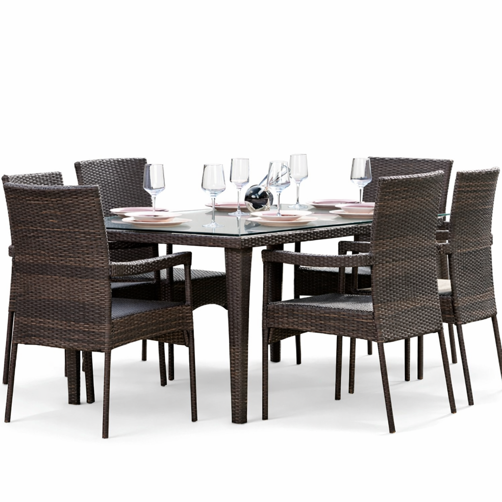 6 Seater Rattan Outdoor Dining Set – Garden & Patio Dining Furniture – Glass Top Table