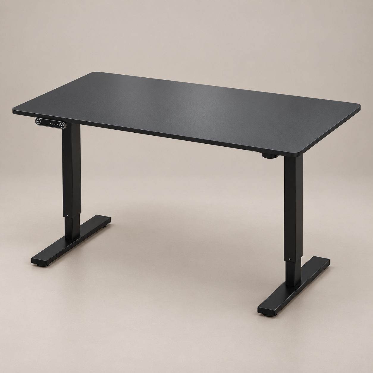 Black height-adjustable electric standing desk with a control panel on a warm neutral studio background