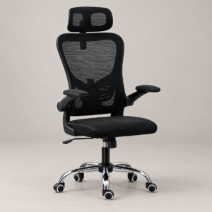 Black ergonomic executive chair with mesh headrest and chrome caster base