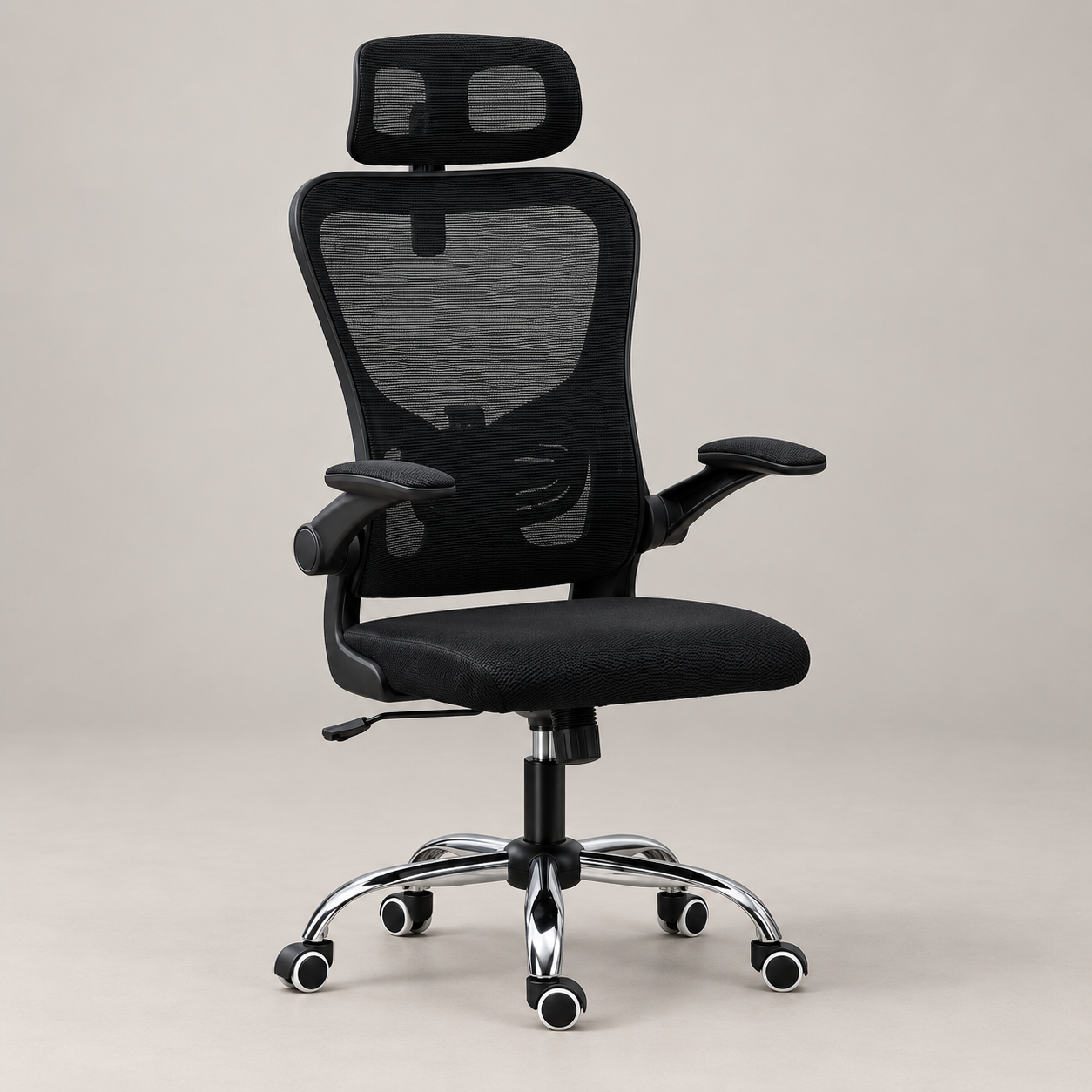 Black ergonomic executive chair with mesh headrest and chrome caster base